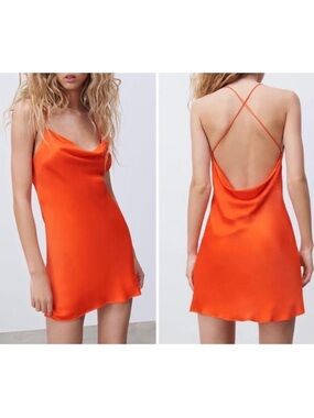 Zara Orange Satin Cowl Backless Slip Dress